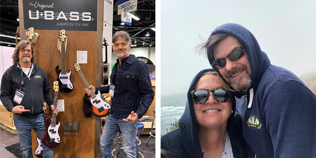 2 images side by side. Left image shows Kala President and Founder Mike Upton and Vice President Dave Cafiero each smiling at the camera and holding a solid body U•BASS®; right shows Wendy and Mike Upton smiling at the camera in front of a coastal view